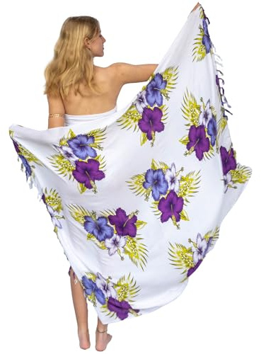 NELUHA Sarong damduk med saronghållare pareo omlottduk handduksklänning omlottkjol dam strandhandduk xxl duk män pareo dam strandhandduk dam, Vit lila blomma, 200x150cm