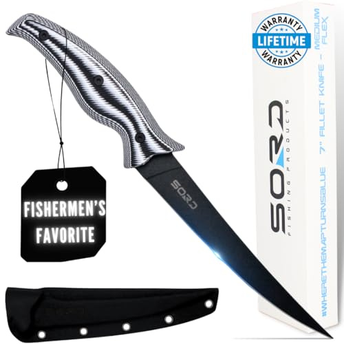 SORD 7 Medium Flex Fillet Knife and Bait Knife, Razor Sharp Carbon Steel Blade, Professional Level Knives for Filleting and Boning, Non-Slip Handles, Includes Kydex Sheath