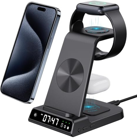 Estación de Carga inalámbrica 3 en 1 con Reloj Digital, Cargador Inalámbrico rápido de 18W para iPhone 15 14 13 Serie, Base de Carga para Air pods Pro 2, Wireless Charger para Apple Watch 9
