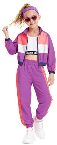 LOLANTA Conjunto de 3 piezas de ropa de hip hop para niñas, chándal retro de los años 80, camiseta sin mangas corta, chaqueta con cremallera y pantalones deportivos, Rosa roja, 8-9 años, 140