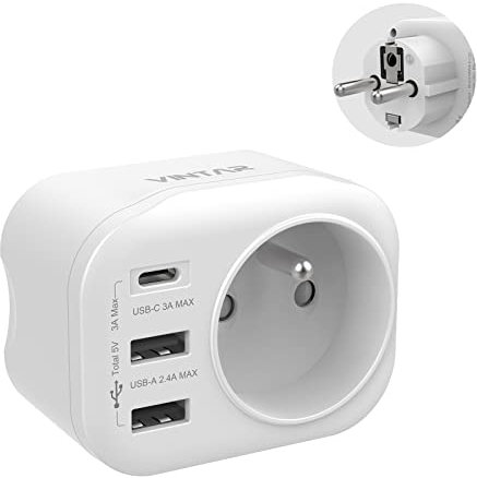 Prise USB Multiple, VINTAR 4 en 1 Multiprise Murale avec 2 USB-A et 1 USB-C 3A, Prise USB Secteur Murale Electrique Chargeur Compatible avec Phone, Portable, Idéal pour Domicile, Bureau, Cuisine