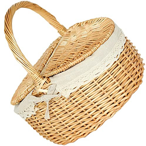 Garneck Picknickkorb mit Deckel Einkaufskorb Geflochten Pilzkorb Obstkorb Brotkorb Rattan Korb Weidenkorb Mit Henkel Geflochtener Korb Blumen Korb für Outdoor Picknick 27CM