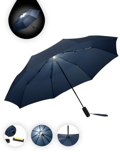 FARE Oversize-Taschenschirm Skylight (marine) - Effektvoller Regenschirm mit LED-Innenbeleuchtung und Aufhängefunktion