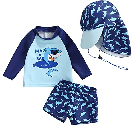 Traje de baño de 2 piezas, antiUV, manga larga + pantalón de baño + sombrero de sol, traje de natación, Azul Tiburón, 18-24 Meses