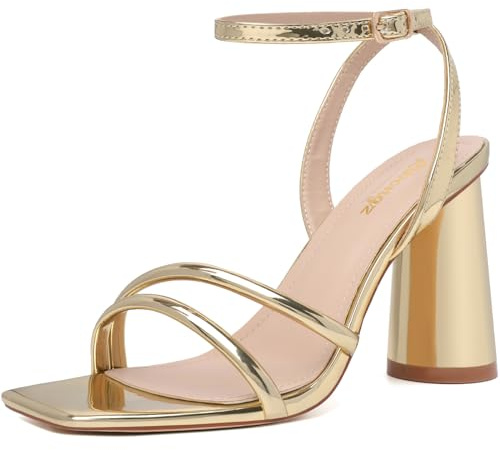 RIBONGZ Gold Prom Heels for Women Strappy High Heels Square Open Toe Ankle Strap Chunky Block Heeled Sandals Wedding Bridal Shoes High Heel Sandals for Party Dress 6.5