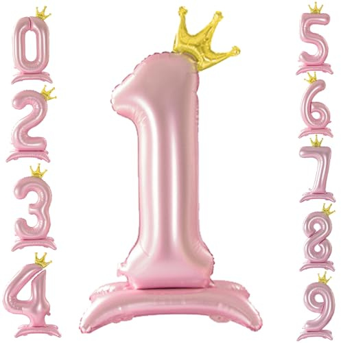 Eoopoon 42 Inch Crown Pink Number Balloon, Number 1 Balloon with Base for Girls 1th Birthday Party Decoration, Anniversary Decor Theme Party Supplies (Pink 1)