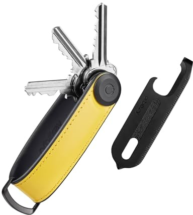 Orbitkey Hybrid Leather Key Organizer with Multi-Tool V2 Set – Slim Key Holder with Stainless Steel Insert – Durable Keychain with Multi-Function Tool for Travel, Office & Outdoor Use - Solar Yellow