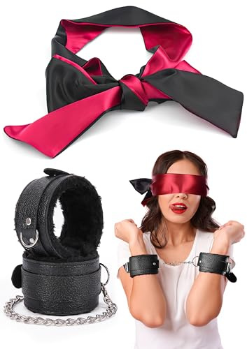 PASTOS Fluffy Handcuffs Adjustable Satin Eye Mask Black Faux Leather Handcuffs Silk Mask