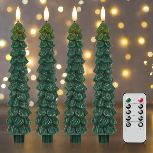 Eldnacele Christmas Tree Flameless Taper Candles with Remote and Timer, Battery Operated Warm 3D Wick Flickering Real Wax Set of 4 Green Candles LED Window Candlesticks Holiday Decor(0.78×9.8)
