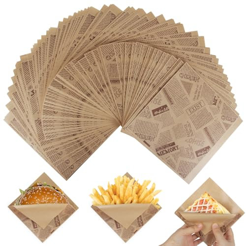 Lot de 150 Sacs à Hamburgers en Papier Style Imprimé de Journal Sac en Papier Triangulaire pour Emballage Alimentaire Sac à Sandwich en Papier Kraft Résistant à la Graisse Style(15 x 15 cm）