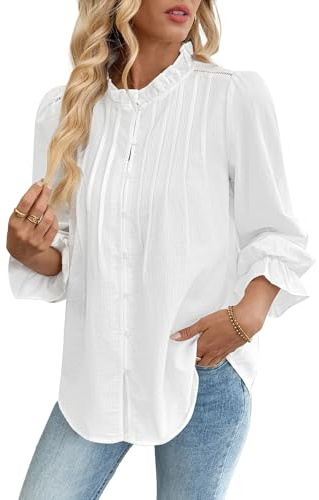 Bsubseach Women Puff Long Sleeve Shirt Textured Button Down Cotton Work Blouse Eyelet Ruffle Collar Dressy Casual Tops White XXL