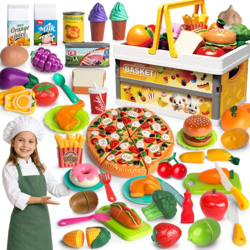 BunnyJOY Accesorios Cocina Juguetes Niños, Comida Juguete Cocinita con Frutas y Verduras Juguete, Utensilios Cocina Infantil y Cesta Picnic, Juego de rol Educativo Regalo Niña Niño 3 4 5 6 Años