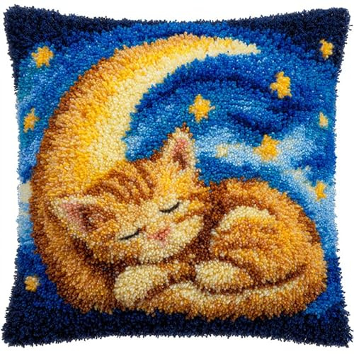 AxiangziK Tier Knüpfkissen Set,Katze schläft auf dem Mond,für Kinder oder Anfänger Erwachsene zum Selber Knüpfen,DIY Knüpfteppich Knüpfpackung,Knüpfhaken Set,17x17in