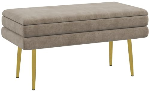 HOMCOM Puff Almacenaje 30L, Banco Almacenaje con Tapa Abatible y Patas de Acero, Tapizado en Terciopelo, Pie de Cama, para Dormitorio, Salón, Entrada, Carga 120 kg, 79,5x37,5x43 cm, Beige