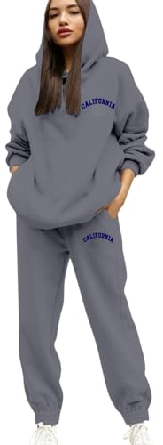 PAIDAXING Chándal Mujer Conjunto Completo Reino Unido 2 Piezas Ropa de Estar por Casa Estampado de Letras Sudadera con Capucha y Conjuntos de Pantalones de Chándal Talla Grande Manga Larga Sudadera