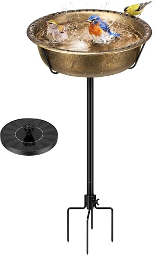 VIVOHOME Baño para Pájaros con Fuente Solar, Base 4 Puntas, Dorado
