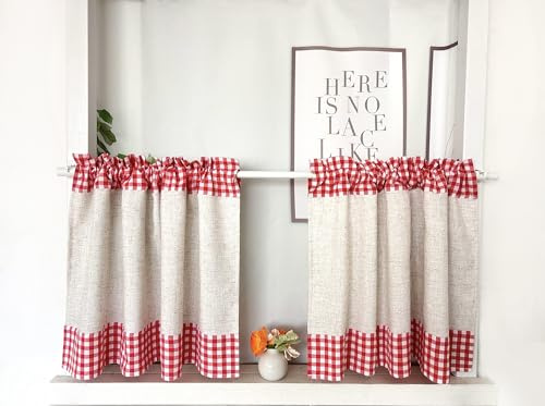 Daliena Set di 2 Tendine a Quadri per Bistrot, Tenda Corta con Aspetto Lino, Tenda da Cucina in Stile Rustico, Tenda Retrò Vintage, Tende per Piccole Finestre Pronte (LxA 60x45cm) Rosso 2 pezzi