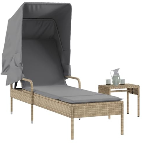 Frdhee Sedia a sdraio da giardino, sedia relax ergonomica, sedia da giardino, poltrona relax, poltrona reclinabile, sdraio con tetto e tavolo, beige, polyrattan, per balcone, campeggio, viaggio