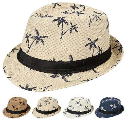 AUNGCSHE Sombrero de paja Panamá Verano, Sombrero de Paja Fedora Trilby con Estampado de Palmera, de Ala Corta, Trilby, Panamá, Protección Solar para el Verano para Hombres y Mujeres (Beige)