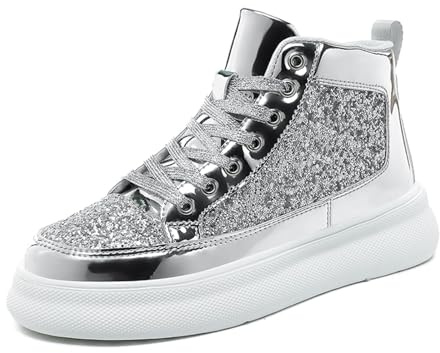 Generisch Moda para hombre Cuero claro con lentejuelas Suela gruesa Zapatos casuales de alta calidad Zapatillas cómodas, plata, 42 EU