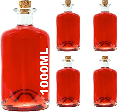 4 Bouteilles en verre 1000ml (APO) Bouteilles de pharmacien 1 litre Bouteilles de verre vides avec bouchon de liège Bouteilles Bouteilles de liqueur, de schnaps, de vinaigre, d'huile Ha