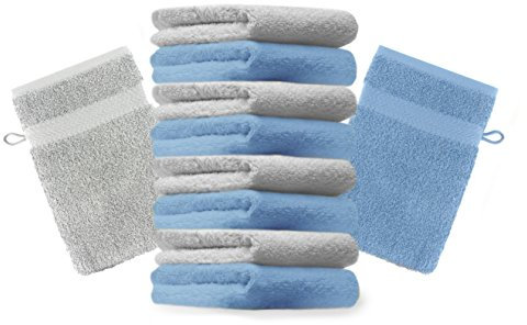 Betz 10 Stück Waschhandschuhe Premium 100% Baumwolle Waschlappen Set 16x21 cm Farbe hellblau und Silbergrau
