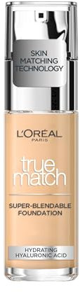 L'Oréal Paris Foundation for Face, Skincare Infused with Hyaluronic Acid, True Match Hydrating Liquid Foundation for All Skin Tones, SPF 16, 1.5N Linen, 30 ml