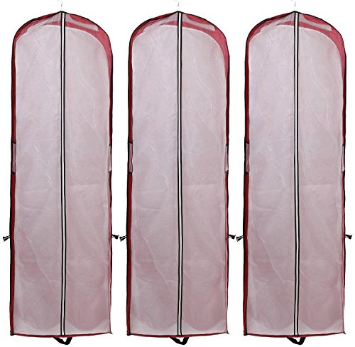 HIMRY® [Uppsättning av 3 andningsaktiva vikbara klädpåse skyddsfodral, ca 149 cm, två fickor för tillbehör, för klänning/aftonklänning/dräkter/rockar, dragkedja, mörkröd, KXB1007 darkred-3 x
