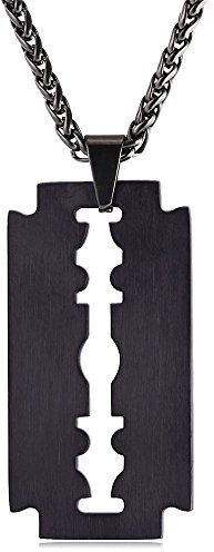 U7 Herren Rasierklinge Anhänger mit 50+5cm Weizenkette Schwarz Halskette 316L Edelstahl matt gebürstet Rasiermesser Klinge Halskette Razor Blad Necklace Halsschmuck Modeschmuck für Vater Sohn