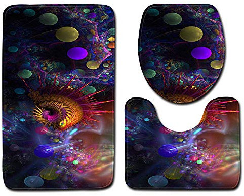 EU-VV Rutschfeste Bad-WC-Matte + U-Form Mat + WC-Sitzbezug,Explosionsplanet Fußmatte Bodenmatte Saugfähige Matten Badteppich Schlafzimmer Wohnzimmer Küche Dekoration (Atomwelt)