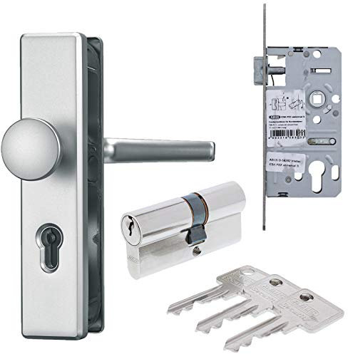 ABUS Türbeschlag Set aus Schutz-Wechselgarnitur DR/KN silber Einsteckschloss Türzylinder A93 30/30 mm inkl. 3 Schlüssel als Grundausstattung für Wohnungseingangstür