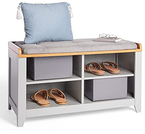 VonHaus Shoe Storage Bench with Padded Seat - Grey Hallway Bench & 4 Open Storage Shelves - Multifunctional Hall Footwear Unit with Wood Effect Top - Storage Solutions for Entryway & Porch - Ash Hall