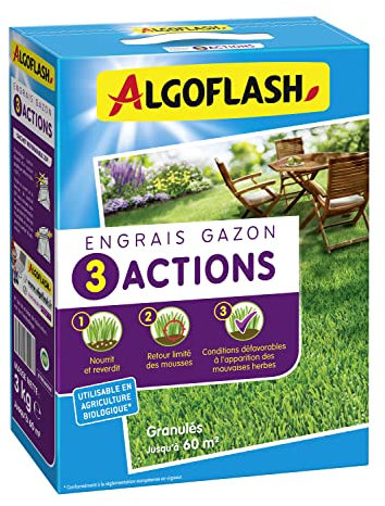 ALGOFLASH Engrais Gazon 3 Actions, Jusqu'à 60m², 3 kg, ETRIA60N