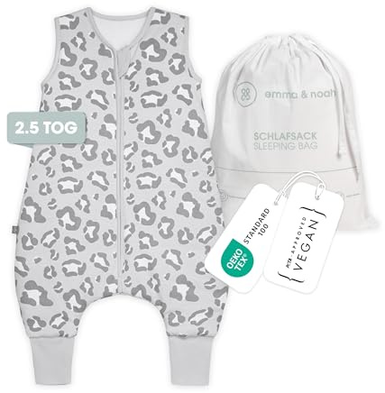 emma & noah Sacco a pelo per neonati con piedini 2,5 TOG, sacco a pelo per l'autunno e l'inverno, cotone biologico, certificato OEKO-TEX, sacco a pelo accogliente per neonati (Grigio Leo, 80 cm)