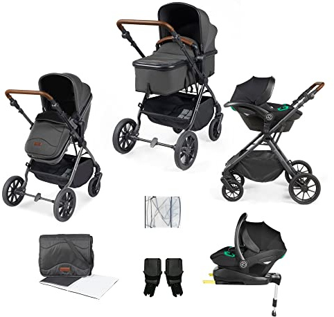 Ickle Bubba Cosmo Travel System with Stratus i-Size Car Seat & ISOFIX Base (Graphite Grey/Black) – Birth to 22kg, Convertible Pram Seat, UPF Hood, Footmuff, Raincover & Changing Bag
