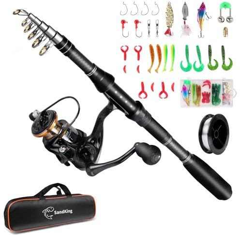 Ehowdin Angelruten-Set, beidhändig, 1,8 m, Kohlefaser, Teleskop-Angelrute, Combo mit Spinnrolle, Schnur, bionischem Köder, Haken und Tragetasche für Erwachsene, Teenager, Anfänger