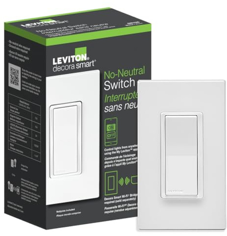 Leviton No-Neutral Decora Smart Switch, Requires MLWSB Wi-Fi Bridge to Work with My Leviton, Alexa, Google Assistant, Apple Home/Siri & Wire-Free 3-Way DN15S-1RW, White