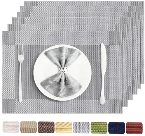 Uolr Placemats Set of 6 Washable&Wipeable Silver Place mats for Dining Table Kitchen Indoor Outdoor Table Mats Heat Resistant Non Slip Woven Vinyl Table Placemats (Grey，6PCS)