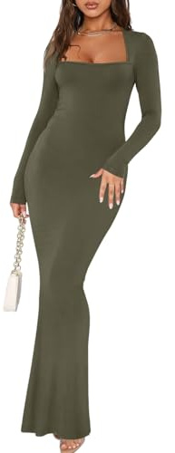 REORIA Womens Fashion Winter Dresses with Sleeves Fall Sexy Party Square Neck Ribbed Bodycon Lounge Long Maxi Dress Olive Green Medium