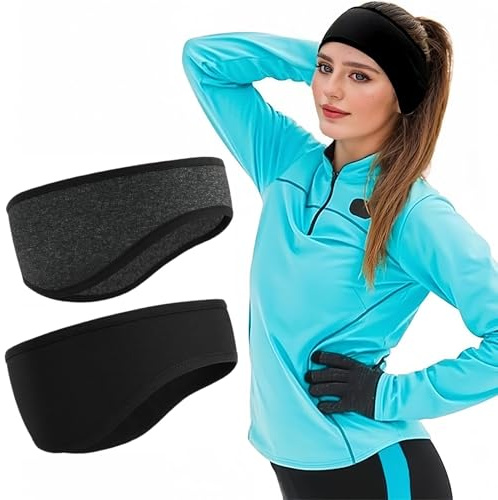 flintronic 2PCS Diademas Protectoras para Los Oídos, Diadema con Orejeras de Forro Polar, Banda Elástica para el Sudor para Deportes al Aire Libre, Ciclismo, Esquí, Unisex (Negro+Gris)