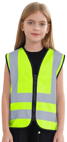 TTAO Garçon Fille Gilet de Sécurité de Haute Visibilité Gilet Réfléchissant Zippée sans Manche Veste Jaune Voiture Gilets de Travail Gilets d'activité Bénévole 3-12 Ans Un jaune fluo 7-10 ans