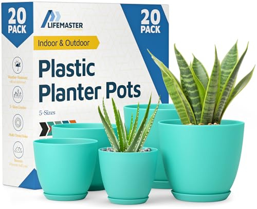 Lifemaster Planter Pots with Drainage Holes - Lightweight, Durable, and Space-Saving Pots for Indoor and Outdoor - Versatile Functionality, Simple Modern Design, Set of 20 Plastic Planter Pots - Aqua