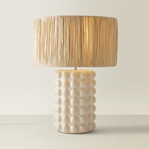 ValueLights | Stone Bobble Ceramic Bedside Table Lamp with Natural Raffia Lampshade Living Room Bedroom Light | Table Lamps, Home Décor & Improvement Essential | Included LED Bulb