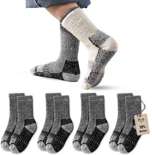 Vihir 4 pares de calcetines de merino para niños niños – Calcetines deportivos de merino tipo crew, calcetines cálidos de invierno gruesos para esquí, trekking, senderismo 22-26, 26-29, 29-34, 34-37