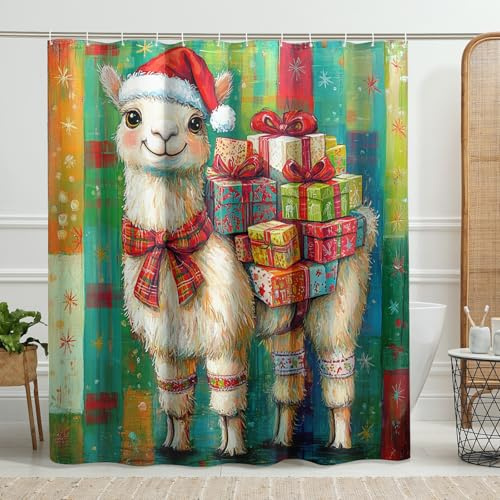 Lama-Duschvorhang, bunte Urlaubsdekoration mit Geschenken, Frohe Weihnachten, wasserdichter Stoff-Duschvorhang für Badezimmer-Dekor, niedliches, modernes lustiges Design-Set mit Haken, 157 x 183 cm
