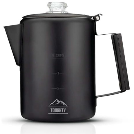 Toughty Yosemite Percolator Coffee Pot – Classic Stovetop Coffee Maker for Camping, Hiking & Home, Durable Stainless Steel Pot, Compatible with All Stovetops – Old-Fashioned 9-Cup Percolator, Black