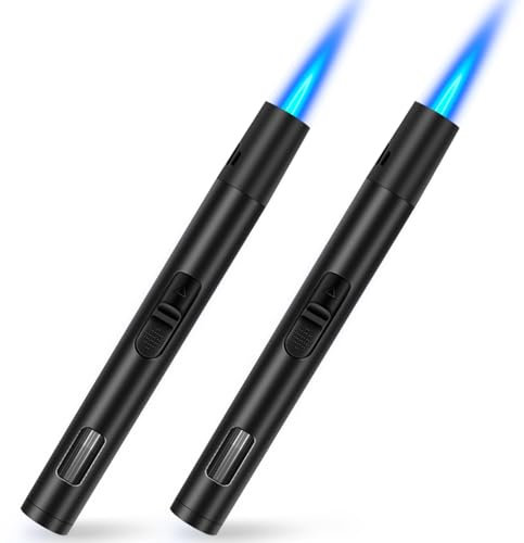 Jet Lighter Windproof Gas Lighter Refillable Butane Torch Lighter Long Reach Flame Fire Lighter for Candle, BBQ, Kitchen, Fireplaces (2 Pack Black) (Without Gas Fuel)