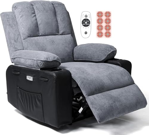 VIOLHEDO Poltrona Reclinabile Elettrica Portabicchieri Reclinabile Poltrona Relax Elettrica Grigia Jumbo in Tessuto a Coste Massaggi Riscaldata Confortevole Poltrona Relax Reclinabile con Imbottiti