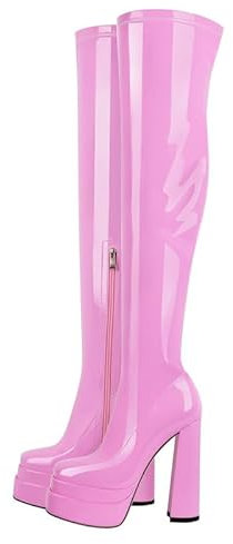 blingqueen Overknee Stiefel für Damen mit Plateau Blockabsatz Stretch Boots Lackoptik Rosa 39 EU