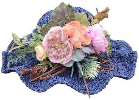 BrightGlow Damer brett brätte stråhatt sommar blommor solhatt mjuk vikbar sommarhatt anti-UV strandhatt teparty hattar damer virkad hatt av halm elegant slapphatt, Marinblå (pion), one size